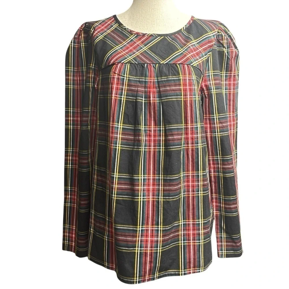 J. Crew Tartan puff-sleeve top in stretch poplin Size Medium